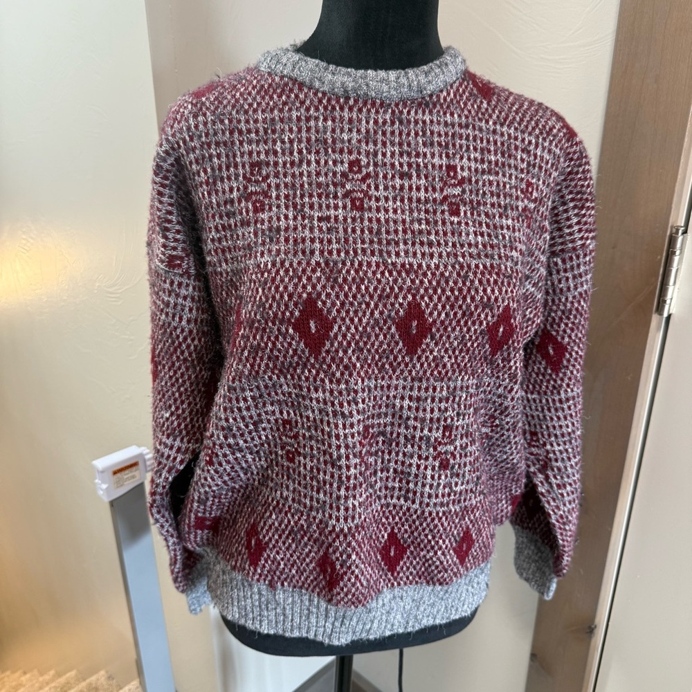 Vintage Cambio Italia Wool‎ Blend Red Grey Geometric Crewneck Sweater Knit L